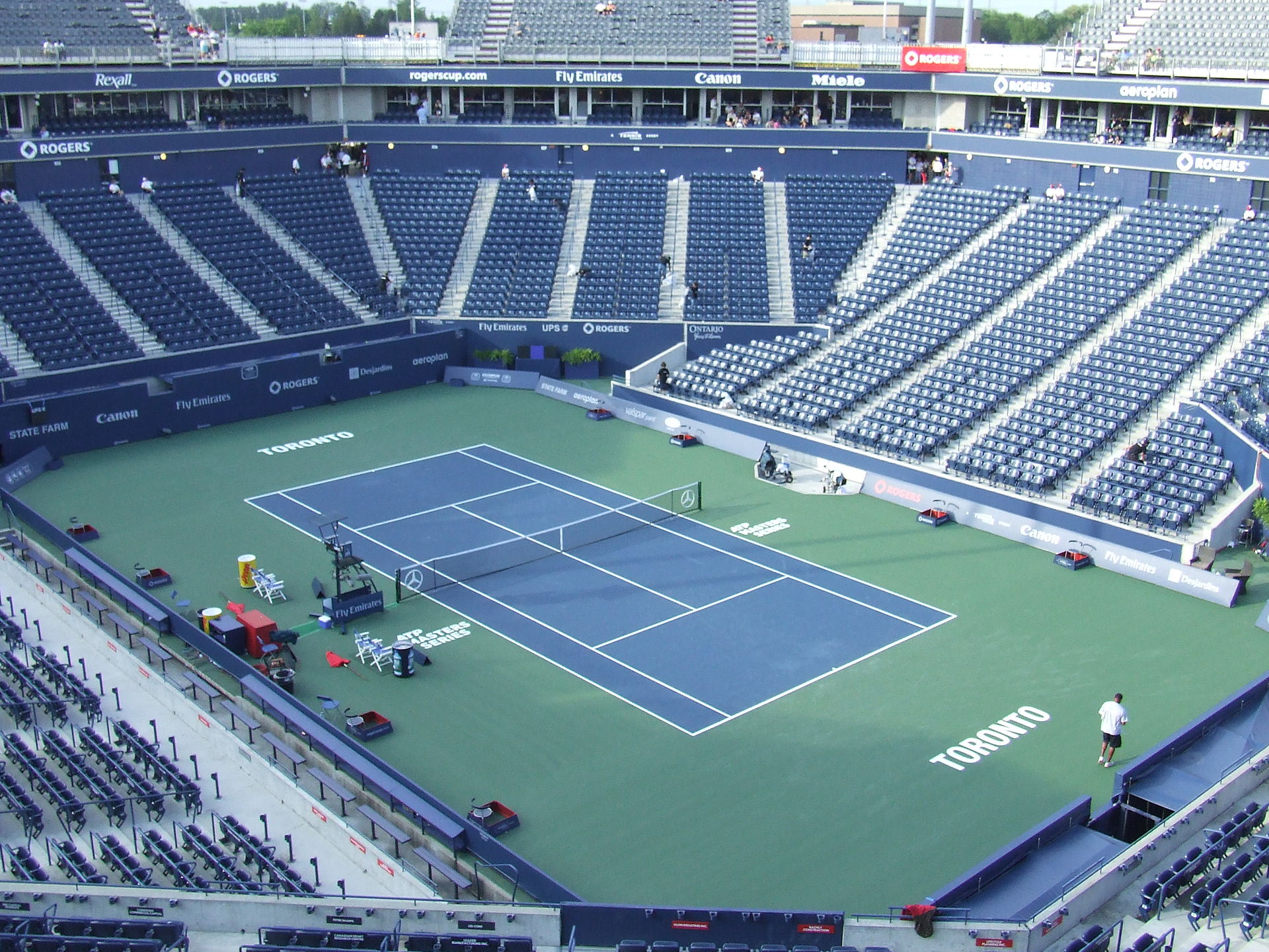 Aerial view of the Rexall Centre (now Sobeys Stadium) at York University in Toronto, with the main tennis stadium and surrounding outer courts.